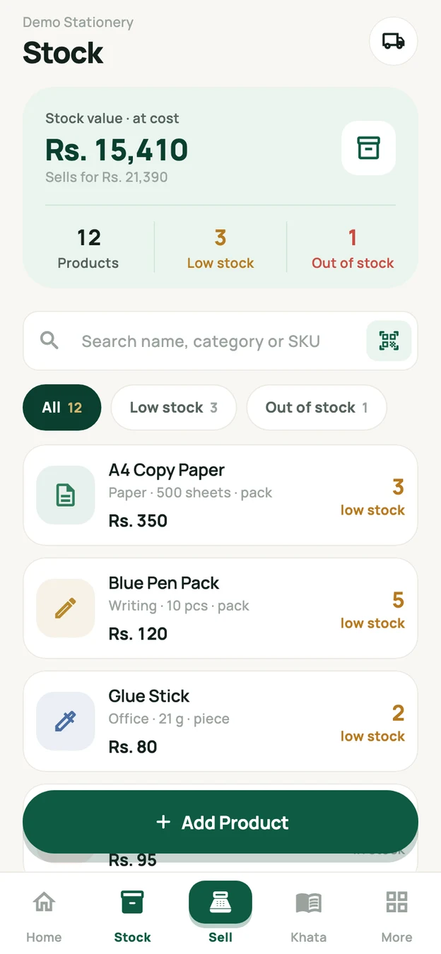 Sauji Android inventory showing the demo shop's products and stock levels