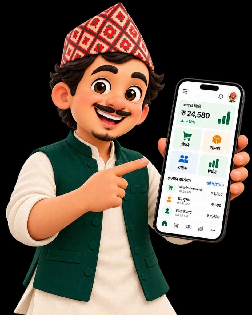 Sauji 3D Shopkeeper Mascot Dai holding smartphone with live POS app
