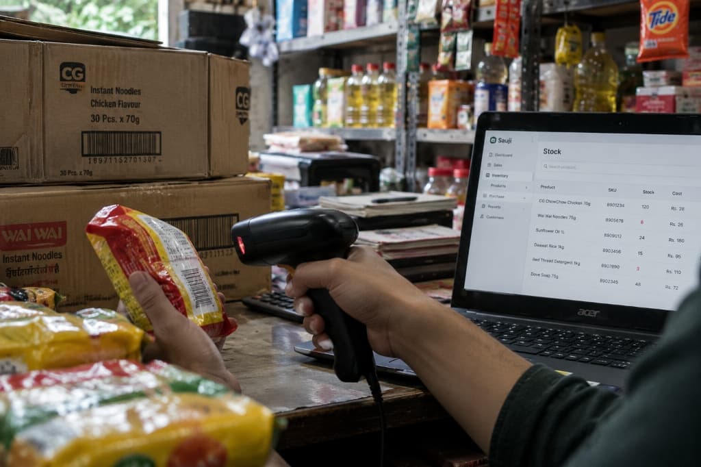 Scanning product barcode with Sauji inventory stock on laptop