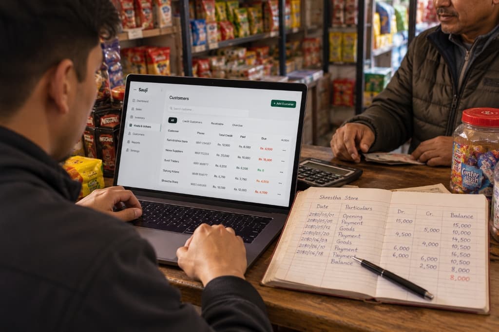 Sauji customer khata ledger on laptop alongside traditional paper notebook